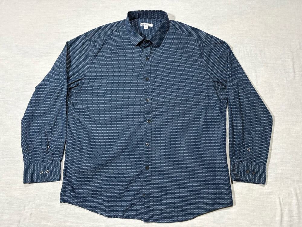 Bar III Slim Fit Stretch Men’s Button-Up Print Dress Shirt Navy Blue XL 17.5